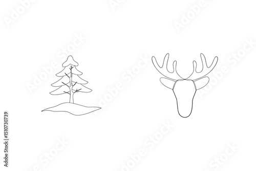 Minimalist one line art illustrations depicting a fir tree and moose head isolated against white background