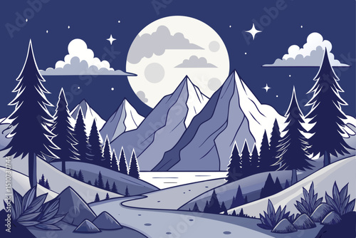 Stylized Mountain Landscape with Full Moon and Pine Trees at Night