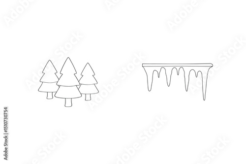 Simple christmas tree silhouette and icicles outline illustration for winter holiday designs