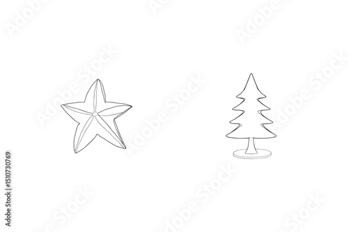 Simple christmas decorations featuring a star and a stylized holiday tree on white background