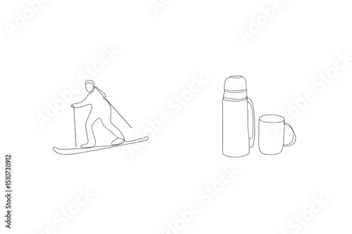 Simple line drawing depicting a skier with a thermos and mug ready for the outdoors