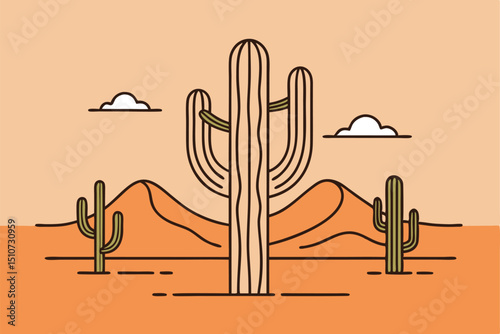Minimalist Desert Landscape with Cacti Sand Dunes and Clouds Illustration