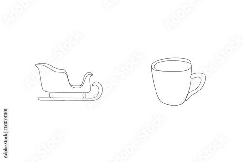 Simple line drawing of a christmas sleigh and a coffee mug on white background
