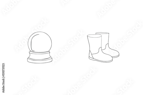 Crystal ball and wellies line art illustration depicting fortune telling and outdoor activities