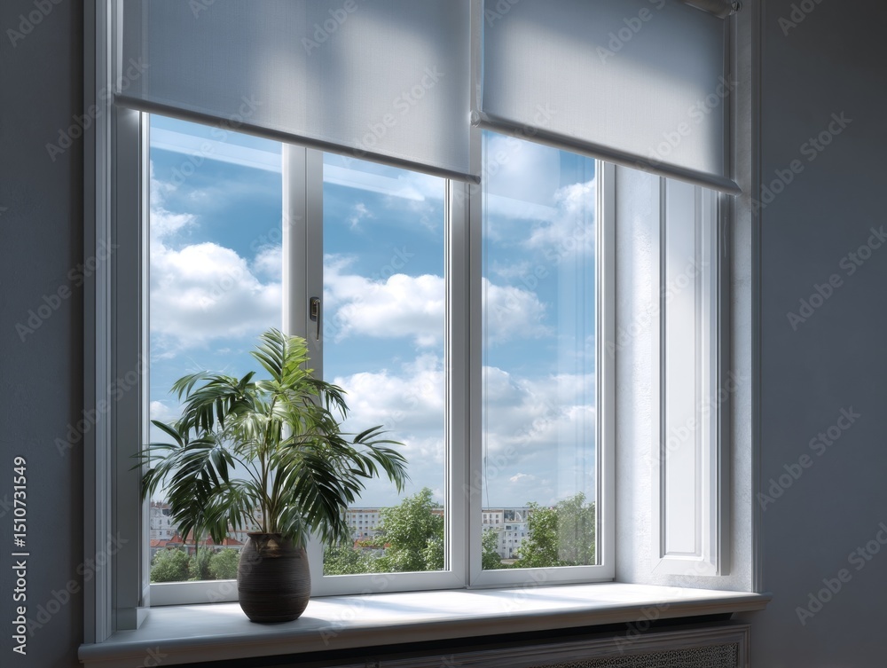 Fototapeta premium A sunlit office space with open blinds, revealing a city view and allowing natural light to brighten the interior.