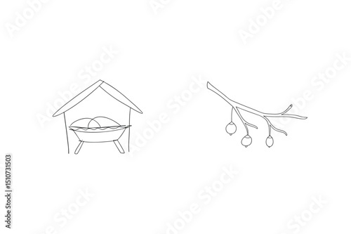 Simple line art illustration of a manger and a branch representing christmas nativity