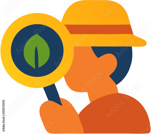 Flat Cartoon Character Holding Magnifying Glass with Leaf, Exploring Nature Illustration