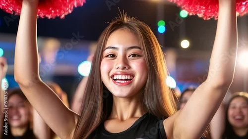 Enthusiastic individual cheer with red pom poms raising arms and smiling at a sporting event or school performance