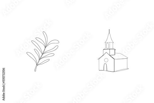 Minimalist one line art illustration featuring a church and delicate leaf branch elements