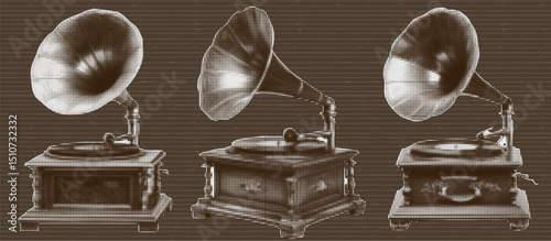 Collage kit with phonographs and gramophone. Grunge elements for vintage design. Cutout stickers at the brown and beige striped bg. Travel concept.