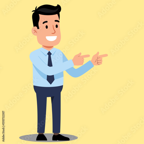 Flat vector cartoon of an adult man with short hair, wearing a light blue formal shirt, dark trousers, and black shoes. Ideal for presentations, business concepts, direction indicators, or promotional