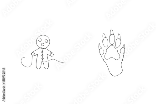 Minimalist line art illustration of gingerbread man and animal paw print on white background