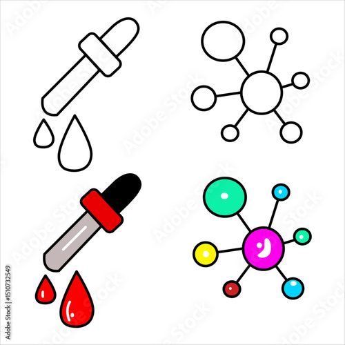 Colorful chemical dropper and molecule vector icons, perfect for science, lab, medical, research, education, and chemistry designs. Editable, high-quality, detailed vector for versatile projects