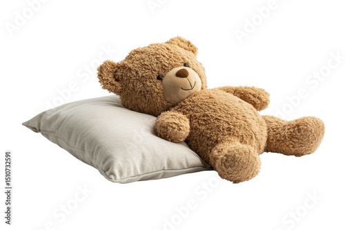 A comforting teddy bear rests peacefully on a soft pillow dreaming sweet dreams and radiating on transparent background