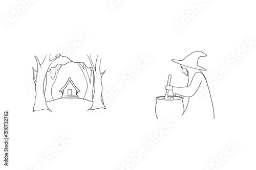 Witch and magical cauldron in forest black and white illustration for halloween season