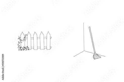Monochrome illustration of a garden fence and a broom leaning against the wall