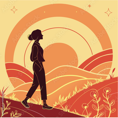 Silhouette of woman walking on hill with sunset and stars in background in orange and yellow tones