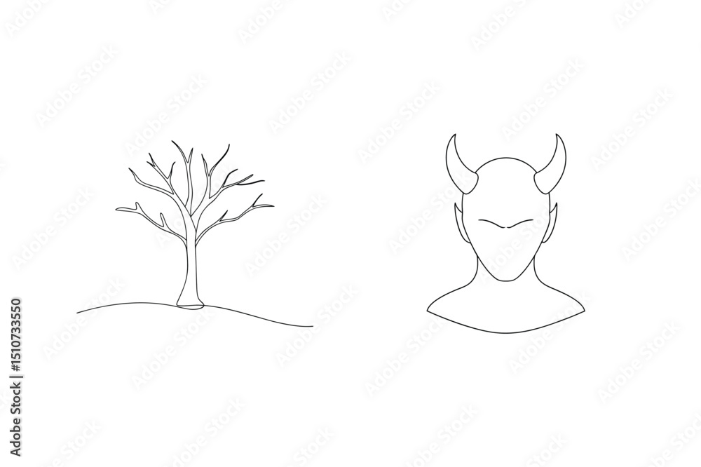 Minimalist illustration of a bare tree and devilish figure with one line art style Minimalist illustration of a bare tree and devilish figure with one line art style