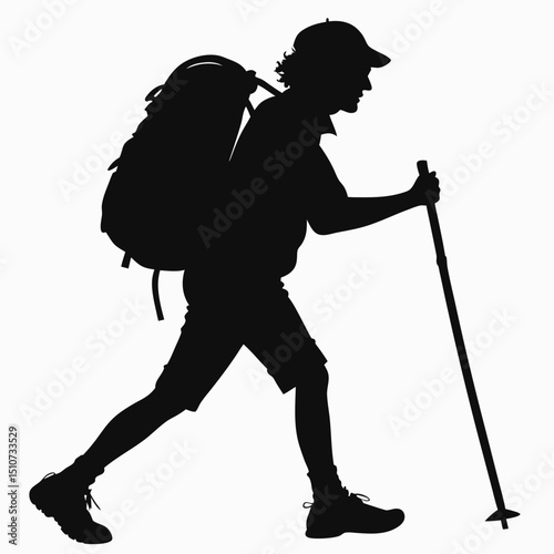 Silhouette of a hiker with backpack and walking stick against a white background in side view