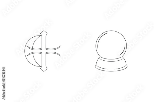 Outline illustration of a cross and crescent moon symbol and a crystal ball