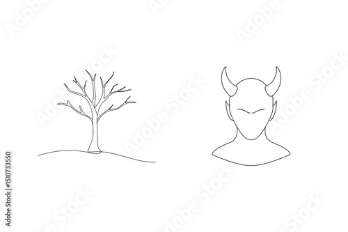 Minimalist illustration of a bare tree and devilish figure with one line art style