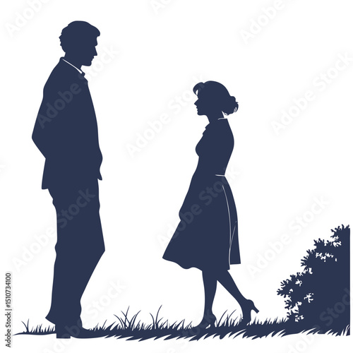 Silhouette of a man and a woman facing each other in a grassy area with a bush nearby