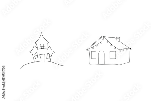 Contrasting hand drawn line art illustrations depicting a spooky haunted house and a cozy home