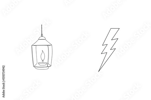 Line art illustration of a vintage lantern with candle flame and lightning bolt symbol