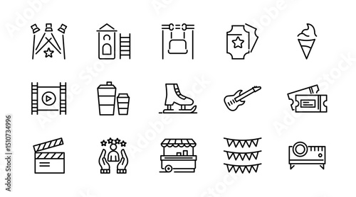 Show linear icon set. Performance, exhibition, theater, philharmonic, entertainment, spotlight, ticket, magician, concert, contest, talent, and magic outline icon collection. UI thin vector icon pack