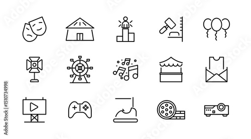 Show linear icon set. Performance, exhibition, theater, philharmonic, entertainment, spotlight, ticket, magician, concert, contest, talent, and magic outline icon collection. UI thin vector icon pack