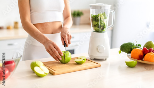 Frau bereitet grünen Smoothie zu  photo