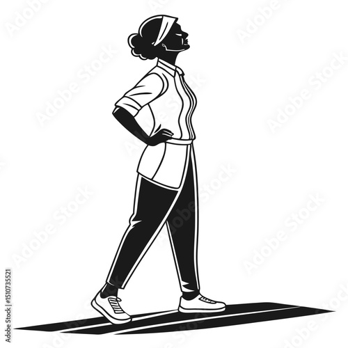 Silhouette of a woman walking with hand on hip and looking up in black and white illustration