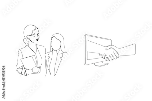 Businesswomen and online deal handshake illustration representing agreement and partnership