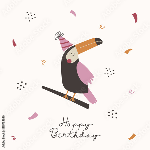 Happy Birthday greeting card with cute bird toucan and colorful confetti. Happy Birthday creative card or poster design.