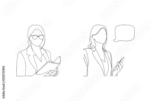Line art illustration of two professional women portraying business and communication concepts