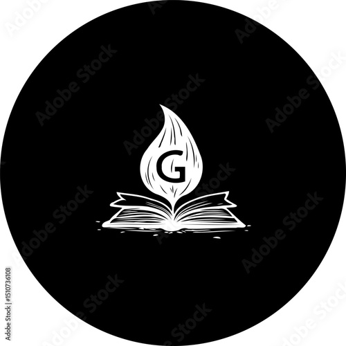 A conceptual black and white illustration of knowledge with a centered letter G
