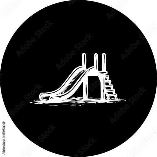 Monochrome playground slide illustration against a stark black backdrop