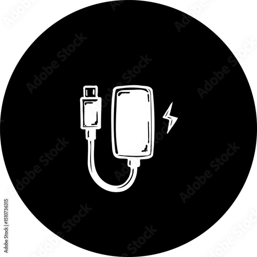 Minimalist depiction of a device charger against a solid black backdrop