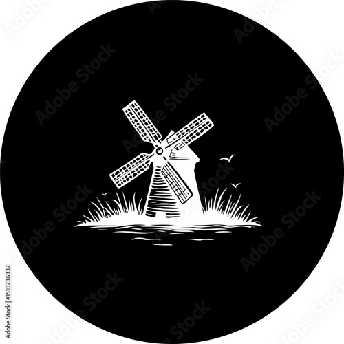 Vintage Windmill Illustration in a Circular Black Frame, Representing Rural Serenity
