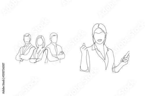 Minimalist one line drawing of business team and empowered female leader with phone