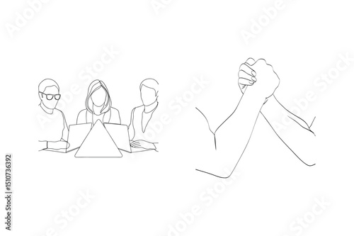One line drawing depicting team collaboration and the strength of agreement or competition