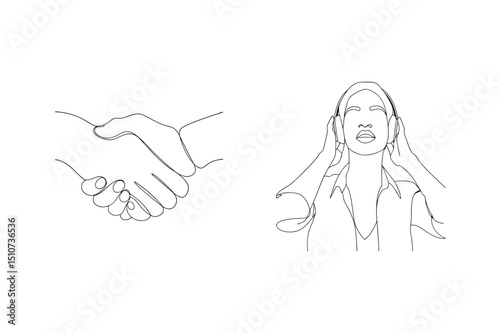 Simple line art depicting agreement with a handshake and a person listening to music