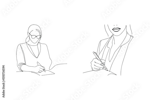 Minimalist line art illustration of women writing and taking notes on a white background