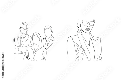 Minimalist line art illustration of business professionals and executive with sunglasses