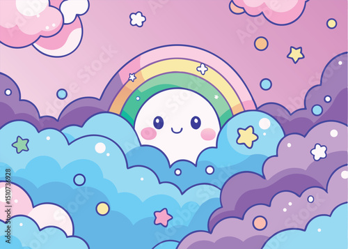 Cute kawaii moon rainbow cloudscape design element