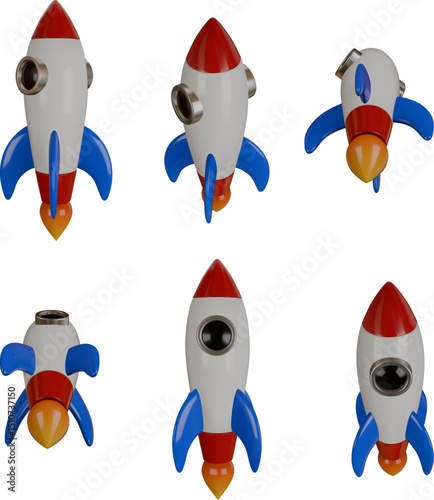 3d rocket illustration in different views. isolated rocket 