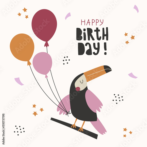 Birthday creative greeting card with cute exotic bird, colorful confetti and balloons.