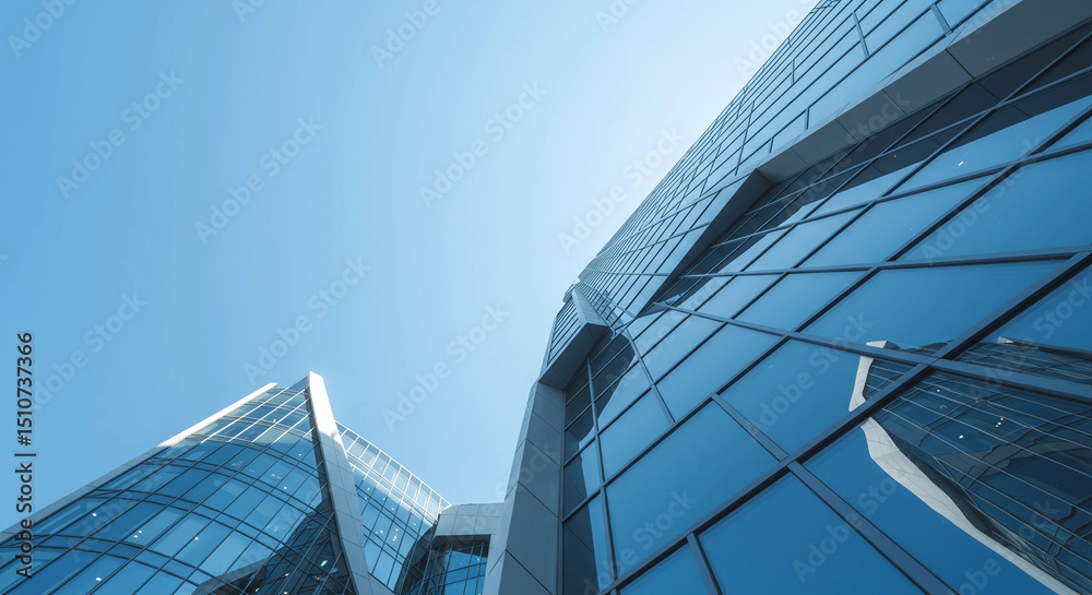 Obraz premium Modern architecture featuring a glass facade skyscraper against a clear blue sky, showcasing urban design and contemporary construction