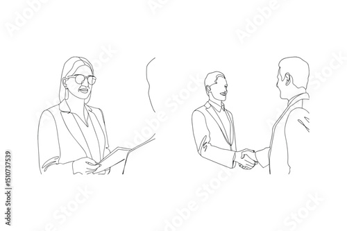 Business people in line art illustration: discussion handshake agreement collaboration and partnership concept