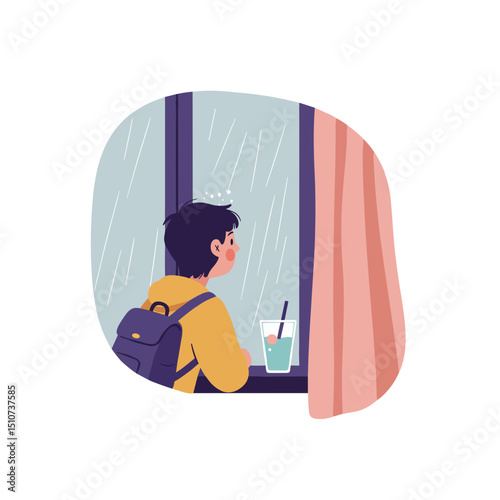 Teen looking out rainy window while holding drink indoors  